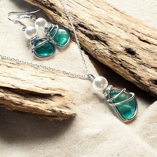 Dusky Turquoise Green Seaham Sea Glass Jewellery Set