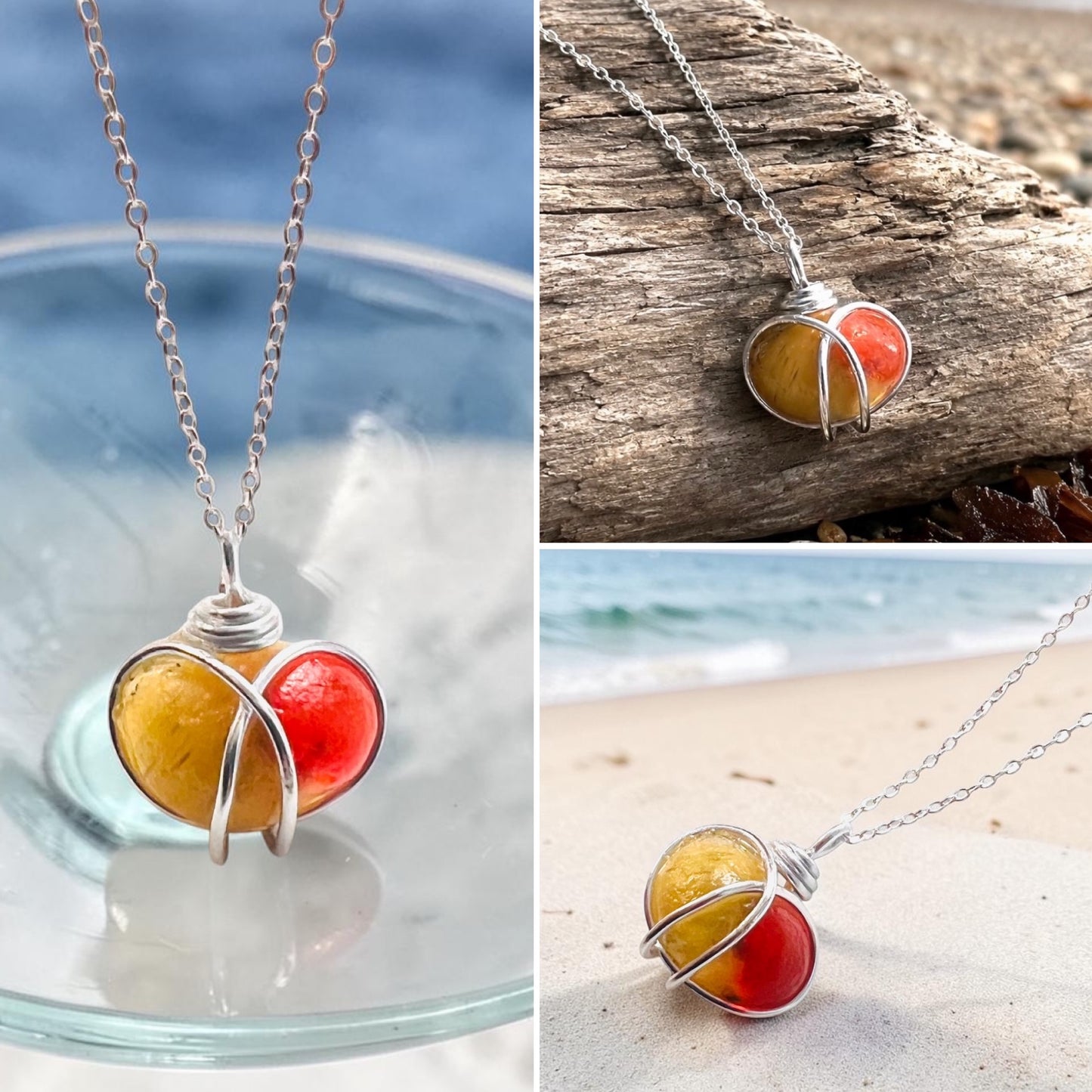 Very Rare Red and Orange Seaham Sea Glass Multi Pendant