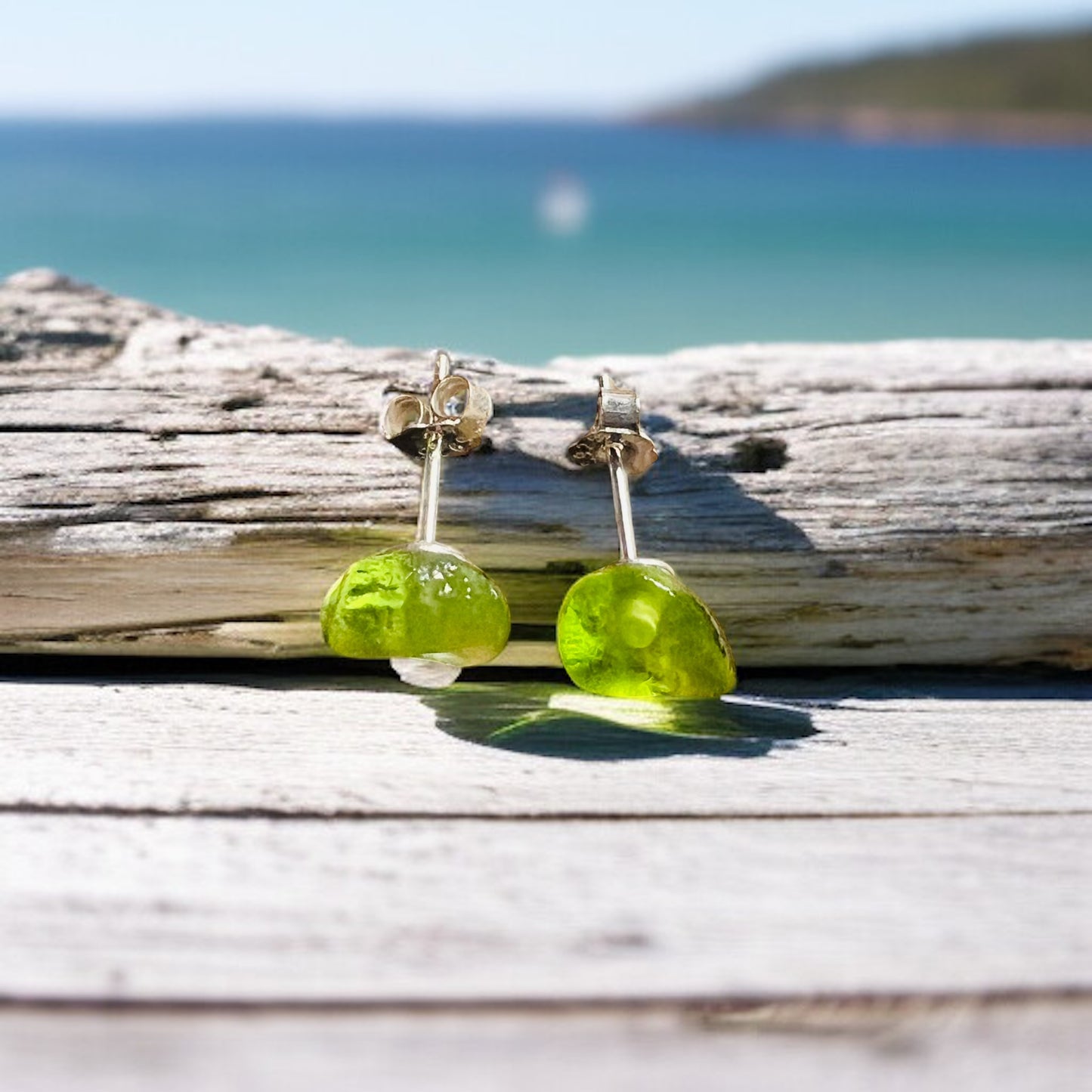 Rare Neon Green Seaham Sea Glass Stud Earrings