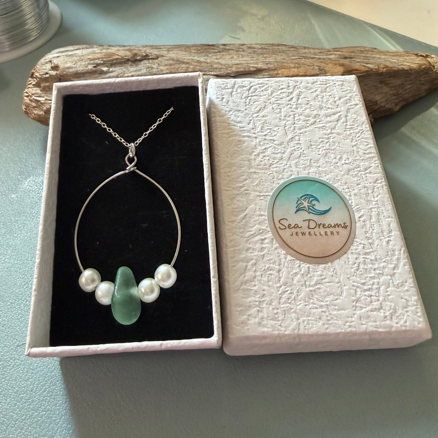 Large Aqua Seaham Sea Glass Frame Pendant