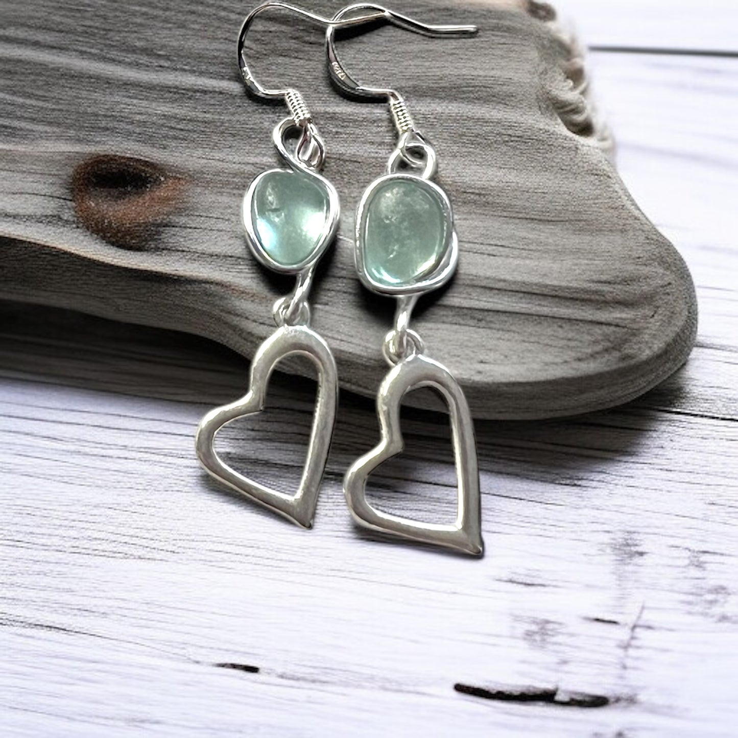 Sea Glass and Heart Dangly Earrings