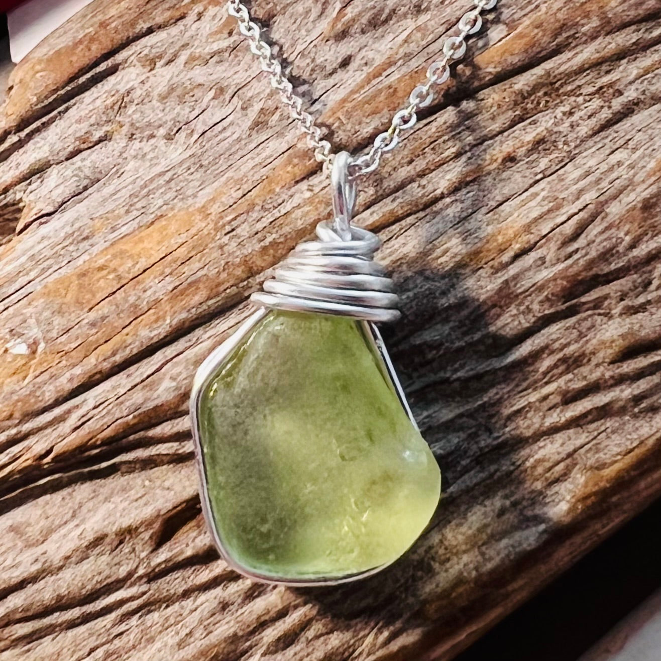Rare Lime Green Seaham Sea Glass Pendant