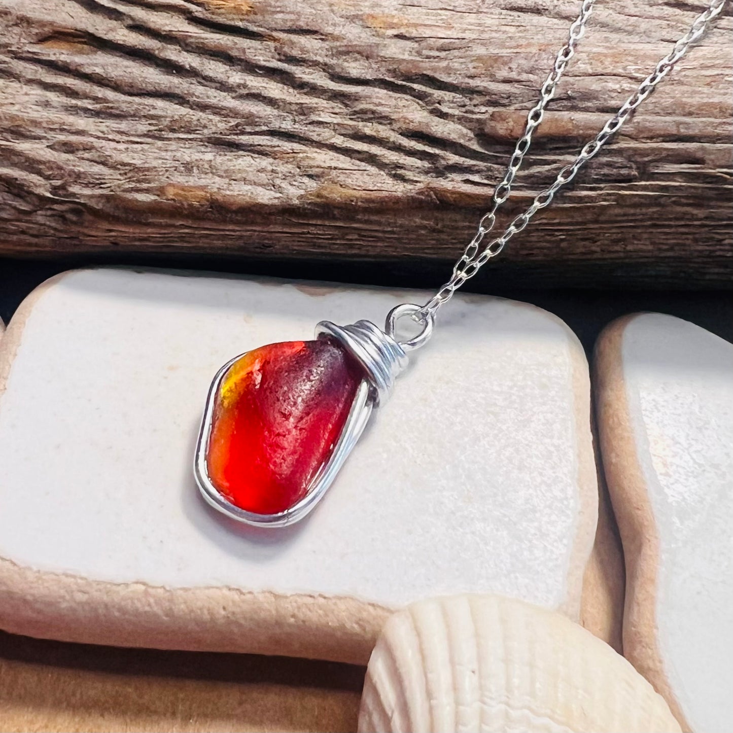 Very Rare Red and Orange and Yellow Seaham Sea Glass Multi Pendant