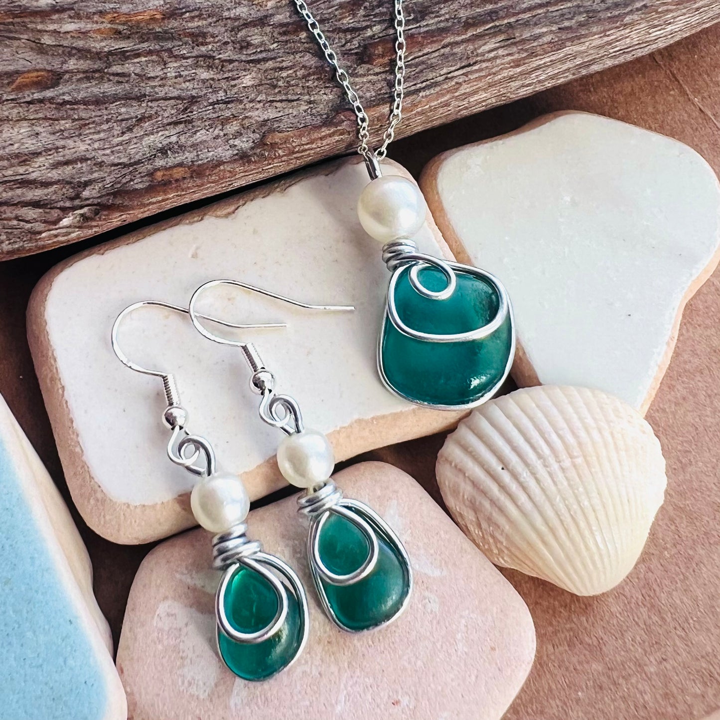 Turquoise Green Seaham Sea Glass Jewellery Set