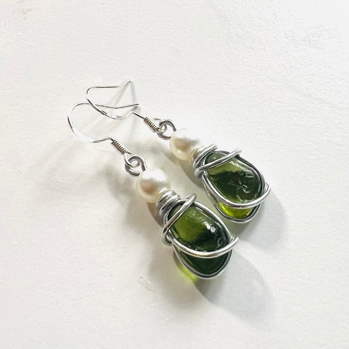Green Seaham Sea Glass and Glass Pearl Earrings