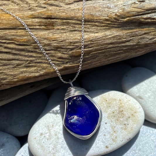 Very Large Deep Blue Nugget of Seaham Sea Glass Pendant