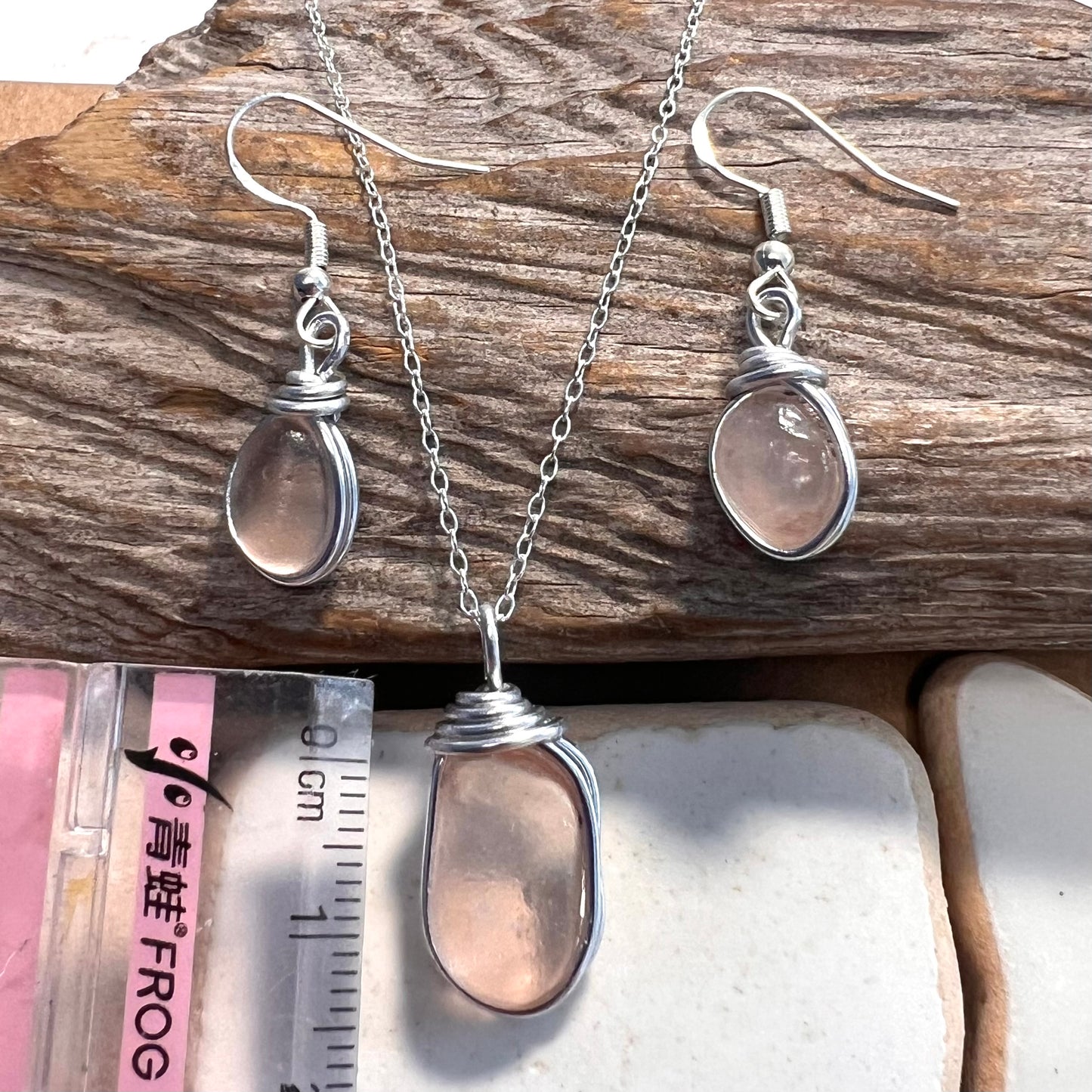 Pale Peach Pink Seaham Sea Glass Jewellery Set