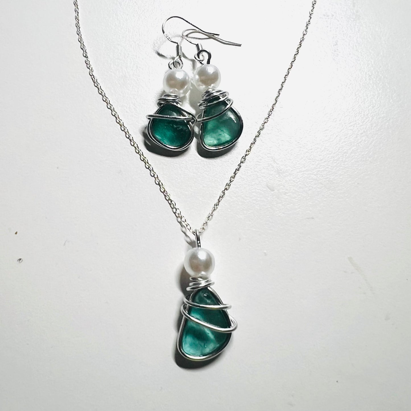 Dusky Turquoise Green Seaham Sea Glass Jewellery Set