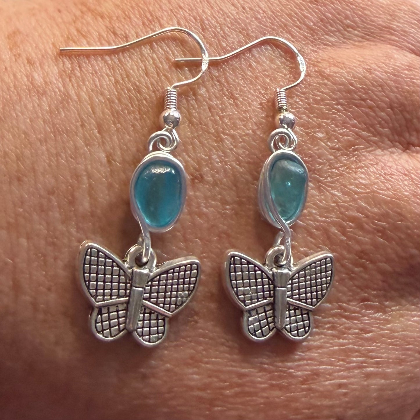 Blue Seaham Sea Glass Butterfly Charm Earrings