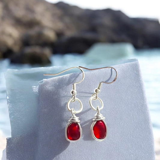 Rare Red Seaham Sea Glass Small Earrings