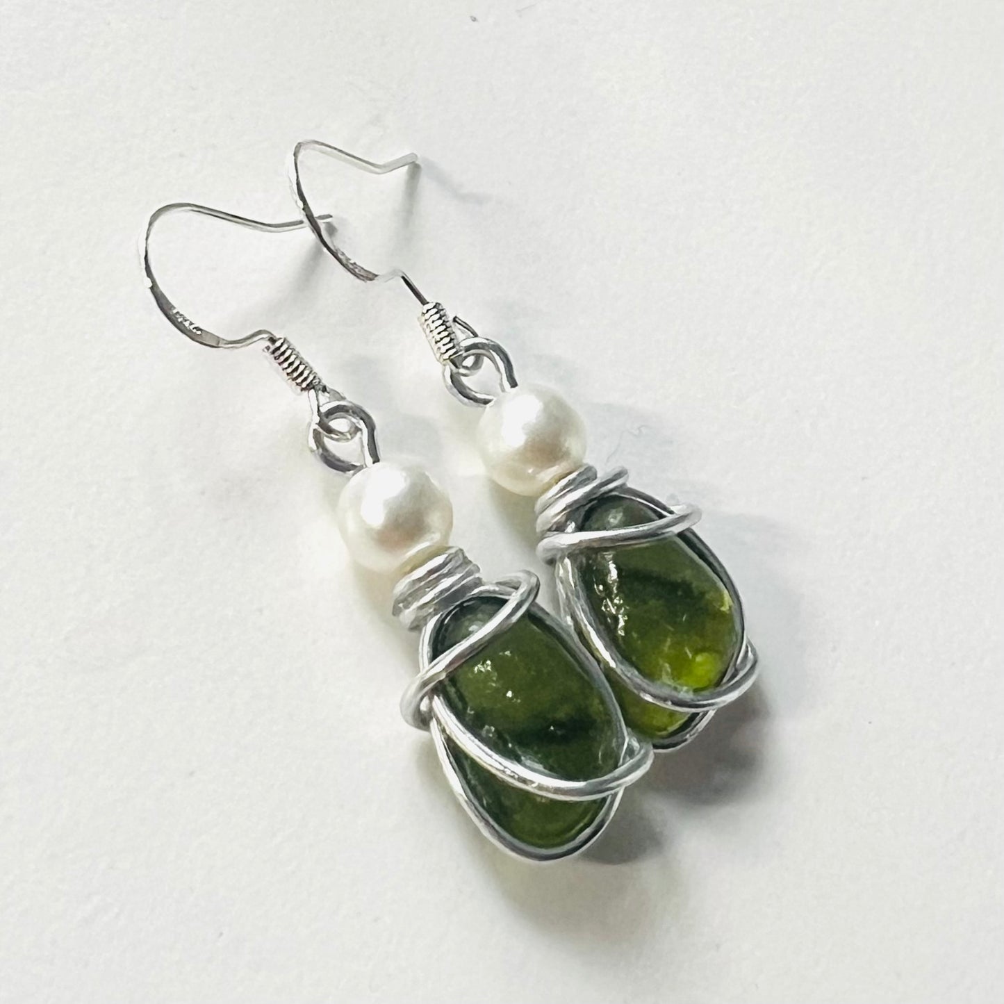 Green Seaham Sea Glass and Glass Pearl Earrings