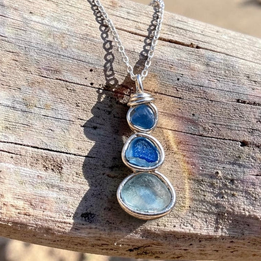 Blue Three Piece Seaham Sea Glass Pendant