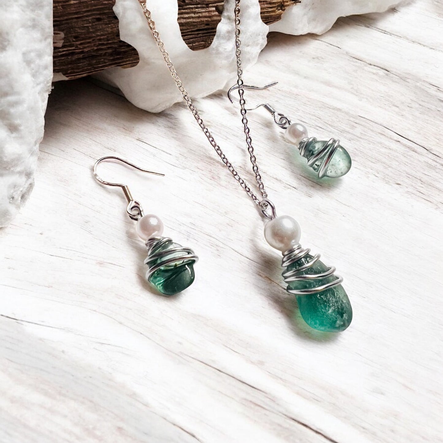 Turquoise Green Seaham Sea Glass Jewellery Set