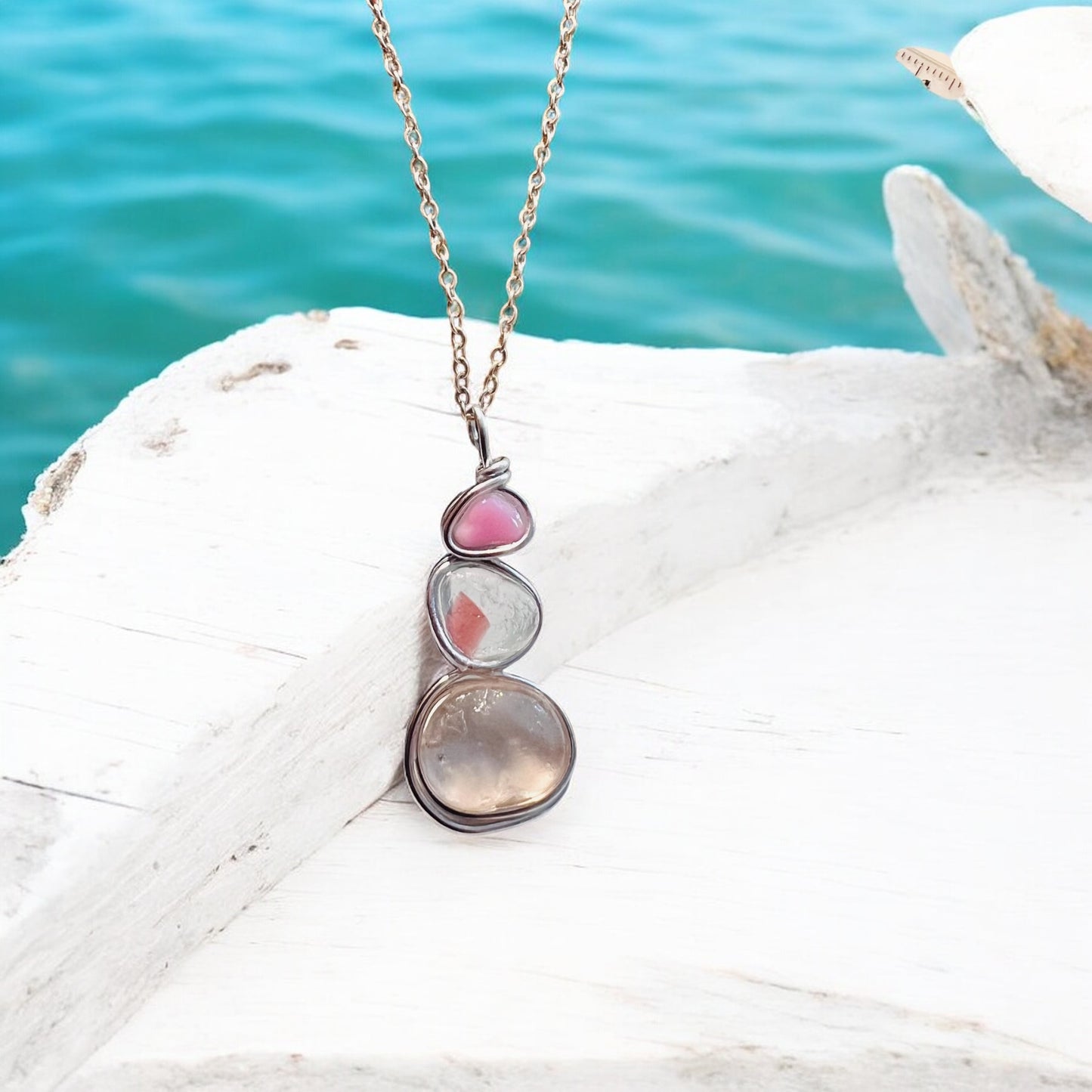 Rare Pink Three Piece Seaham Sea Glass Pendant