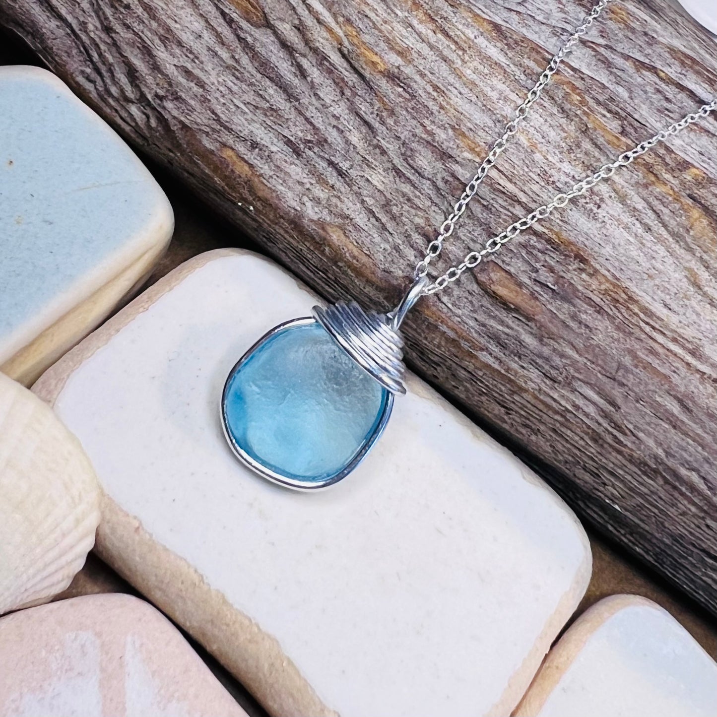 Bright Aqua Blue Seaham Sea Glass Pendant