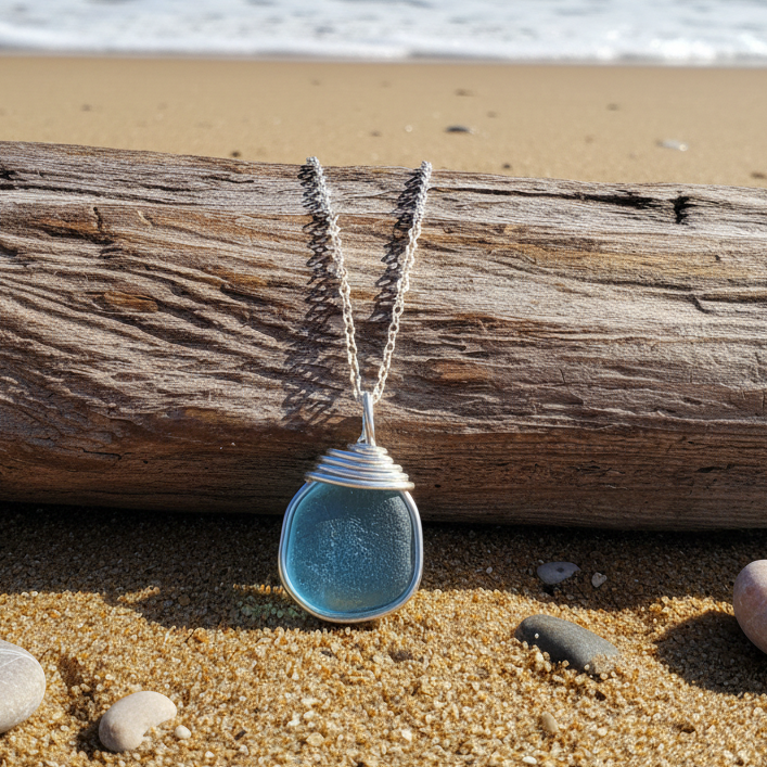Bright Aqua Blue Seaham Sea Glass Pendant