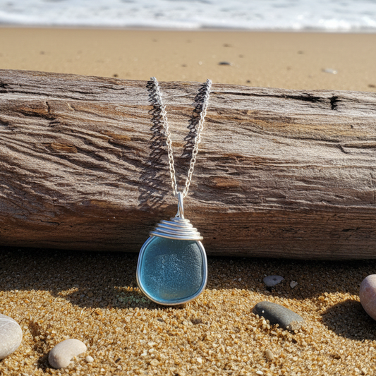 Bright Aqua Blue Seaham Sea Glass Pendant