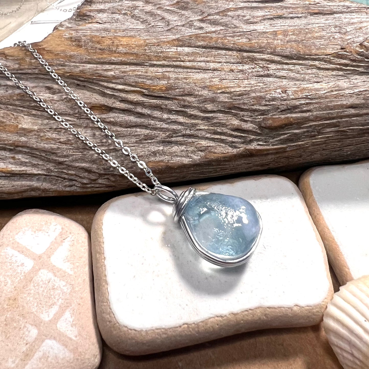 Chunky Pale Blue Seaham Sea Glass Pendant
