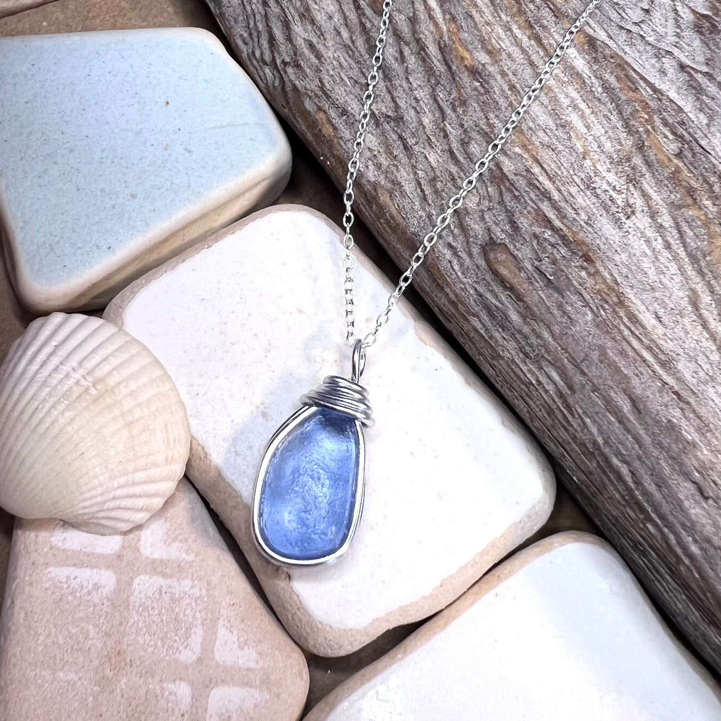 Light Cornflower Blue Seaham Sea Glass Pendant