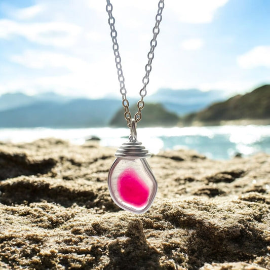 Rare Pink and White Seaham Sea Glass Multi Tone Pendant .