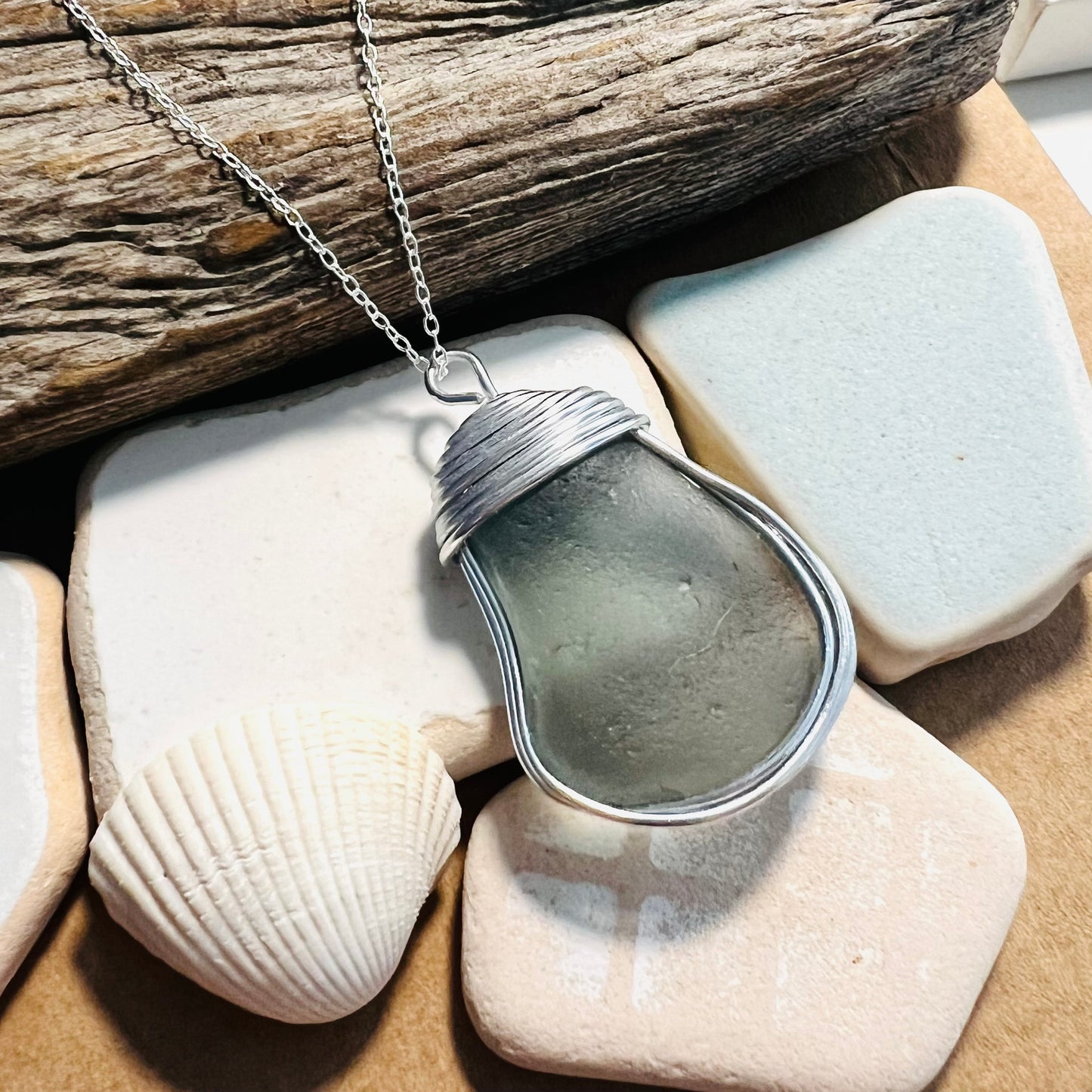 Large Dusky Grey Seaham Sea Glass Pendant