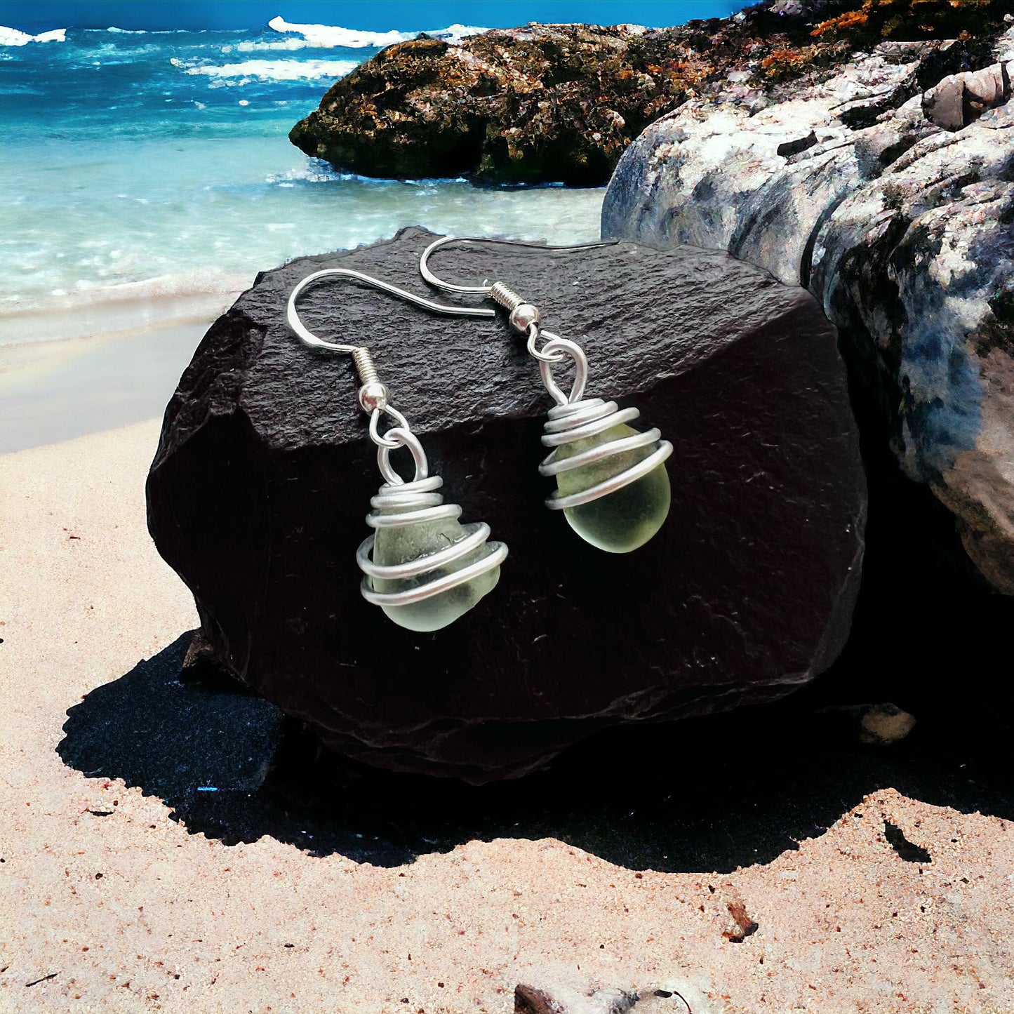 Pale Green Seaham Sea Glass Earrings