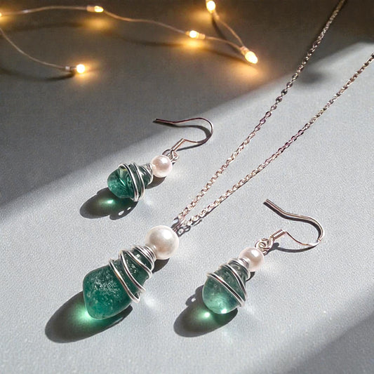 Turquoise Green Seaham Sea Glass Jewellery Set