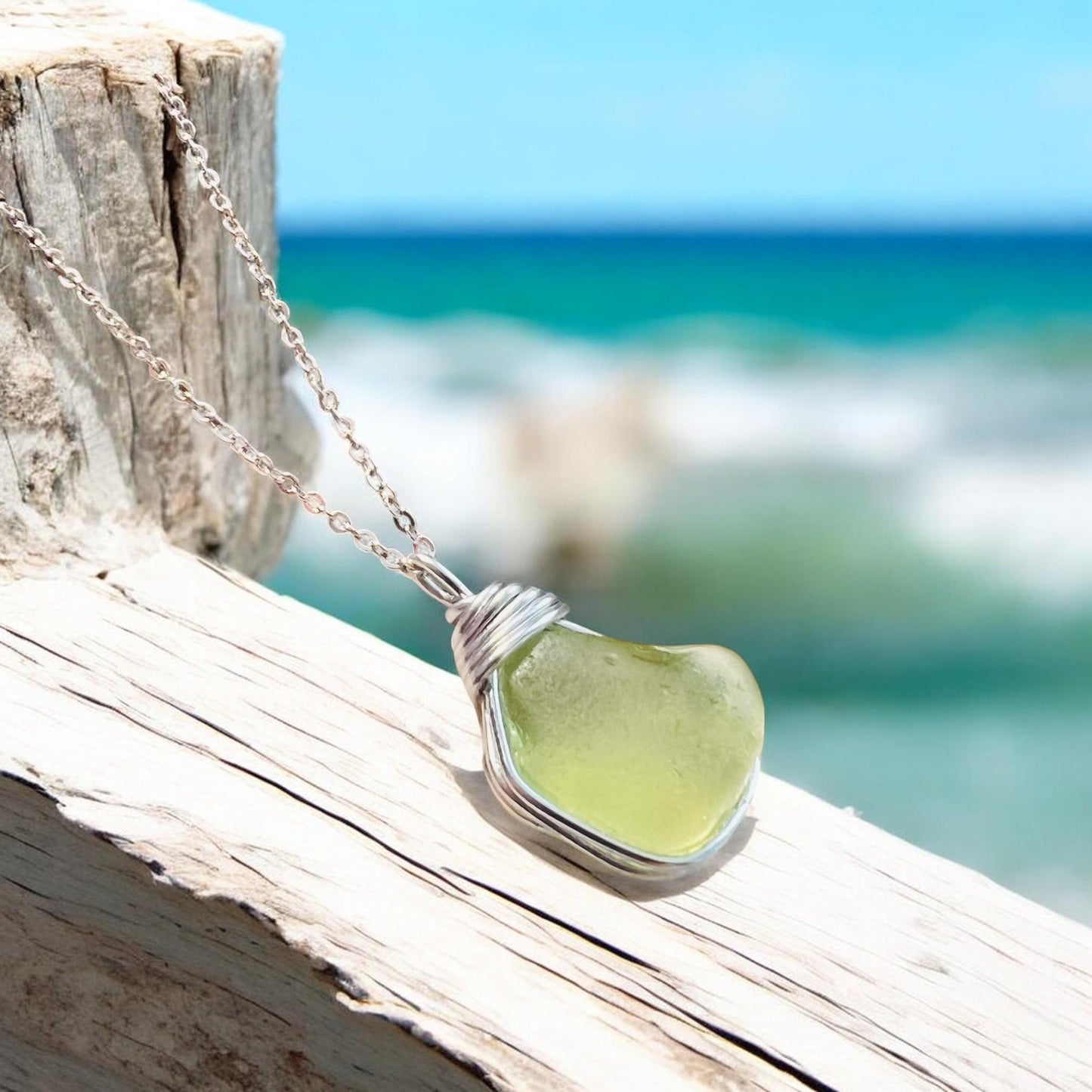 Rare Lime Green Seaham Sea Glass Pendant