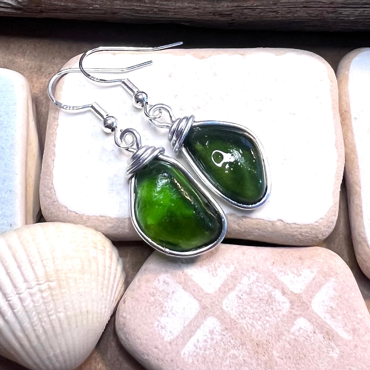 Bright Green Seaham Sea Glass Earrings