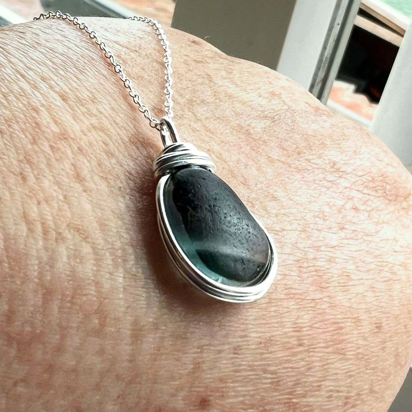 Rare Large Grey and Black Multi Tone Seaham Sea Glass Pendant