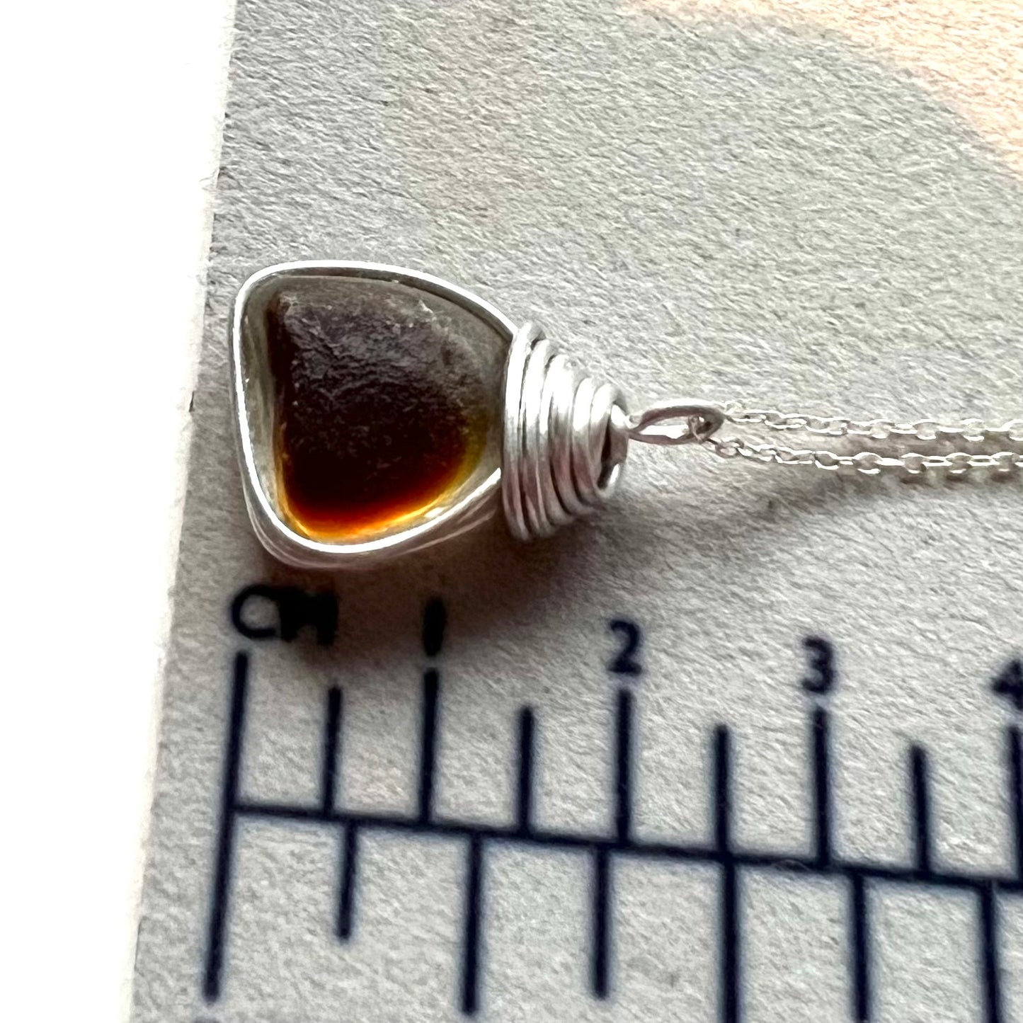 Yellow and Brown Seaham Sea Glass Pendant on a 20” Sterling Silver Chain .