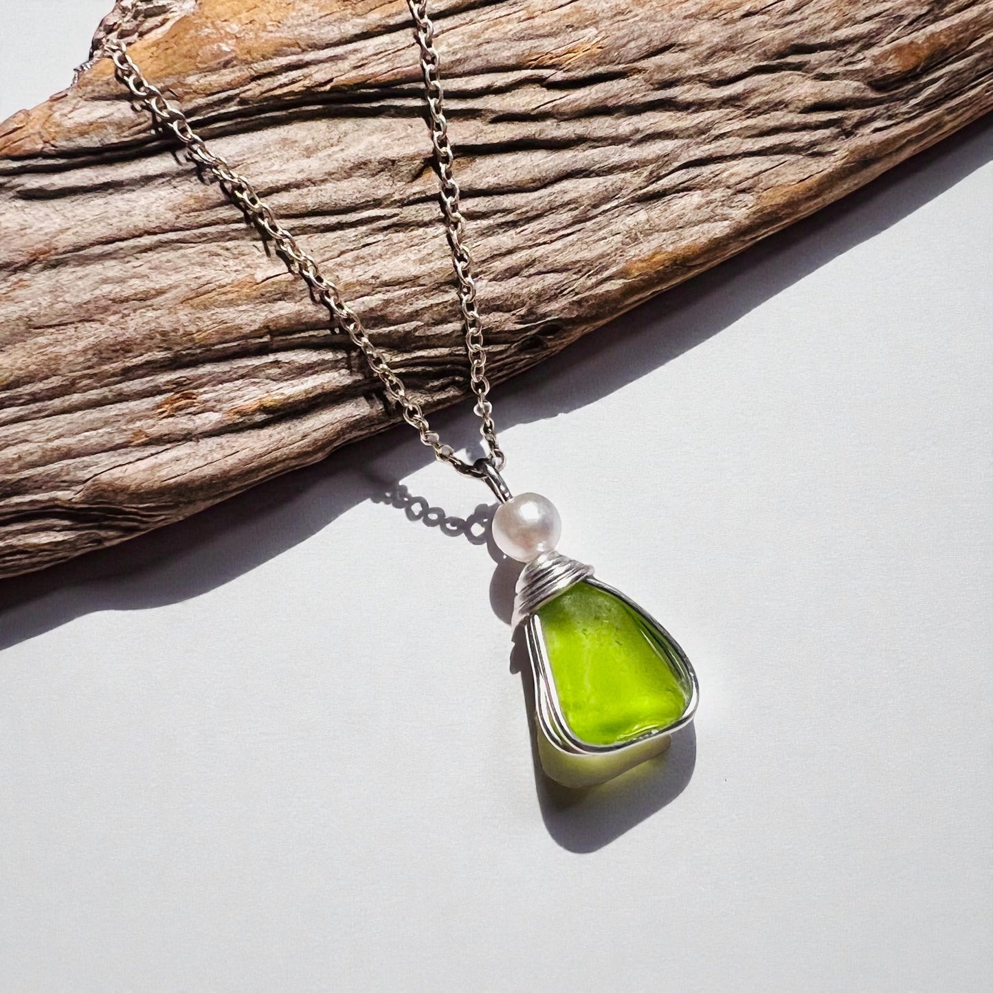 Rare Neon Bright Lime Green Seaham Sea Glass Pendant