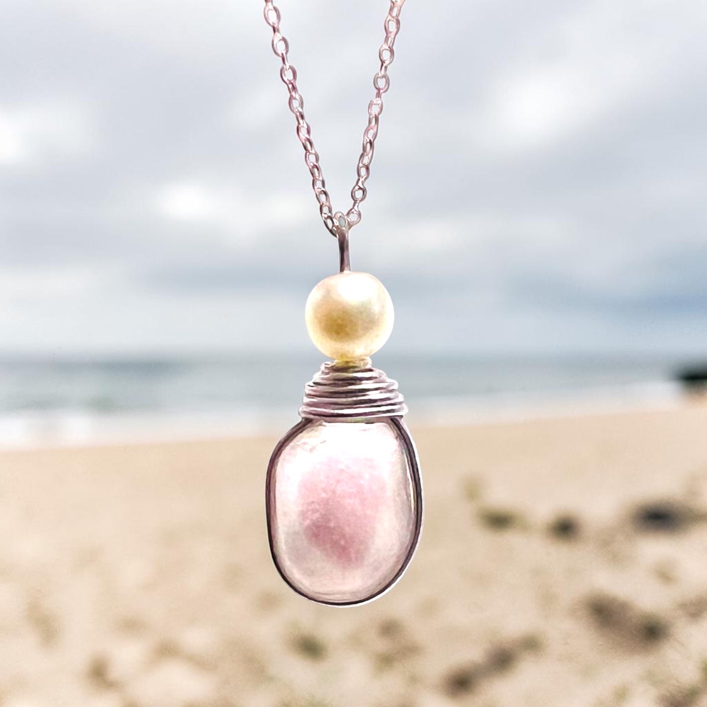 Pale Pale Pink & White Seaham Sea Glass Multi Pendant
