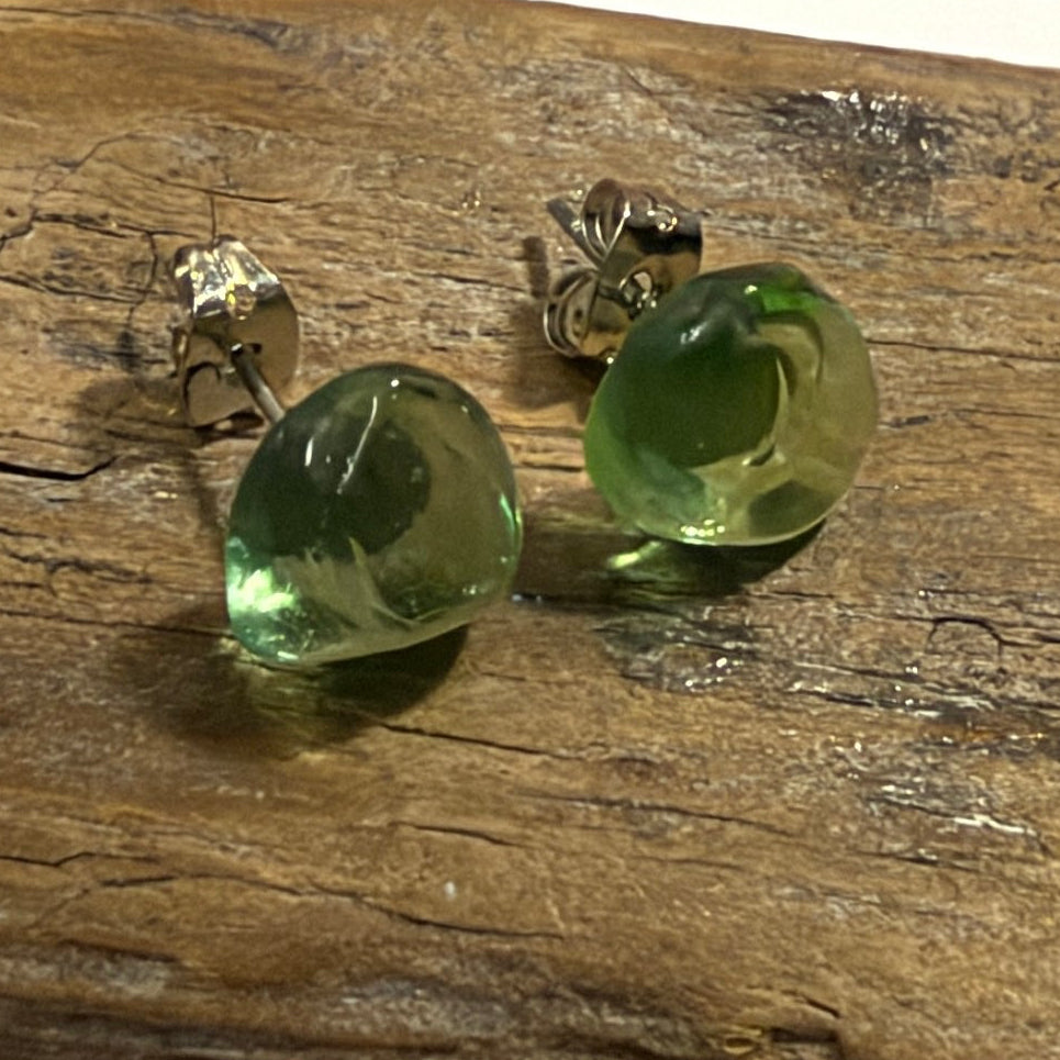 Rare Lime Green Spanish Sea Glass Stud Earrings