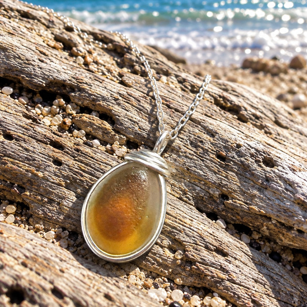 Large Yellow and Orange Multi Tone Seaham Sea Glass Pendant