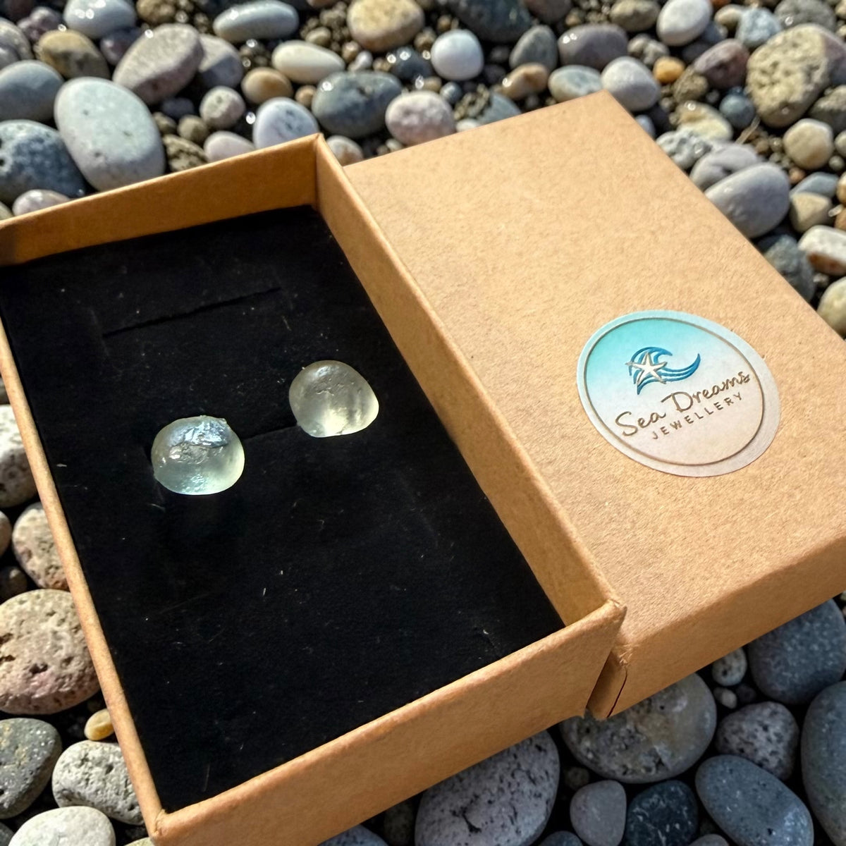 Pale Aqua Green Seaham Glass Stud Earrings