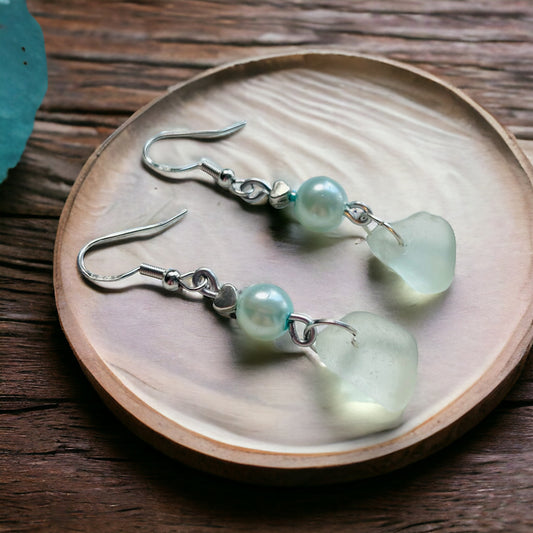 Sea Glass & Glass Pearl Mini Heart Drop Earrings