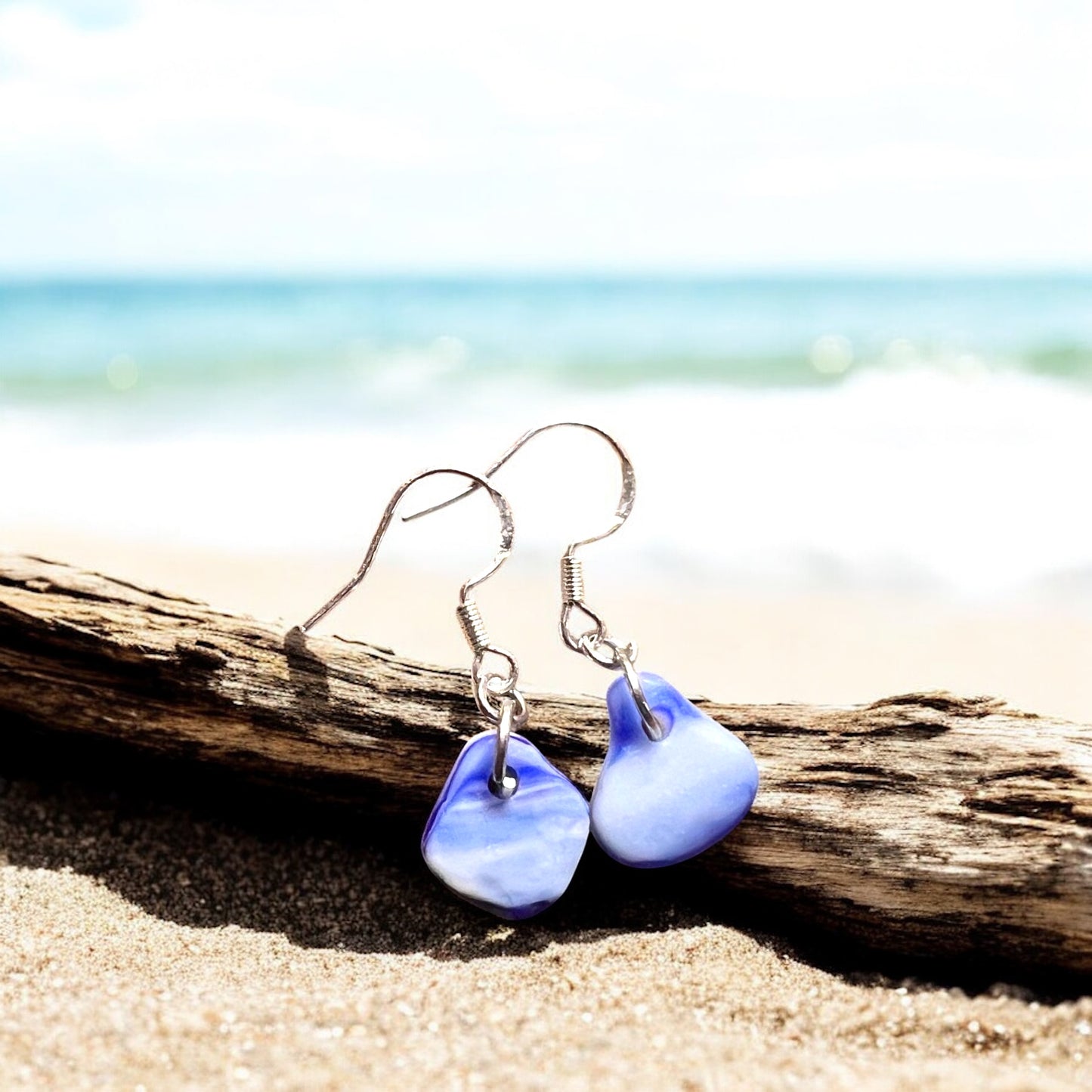 Blue and White Milky Seaham Sea Glass Earrings