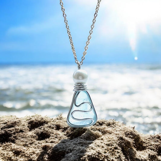 Pale Blue Seaham Sea Glass Waves Pendant