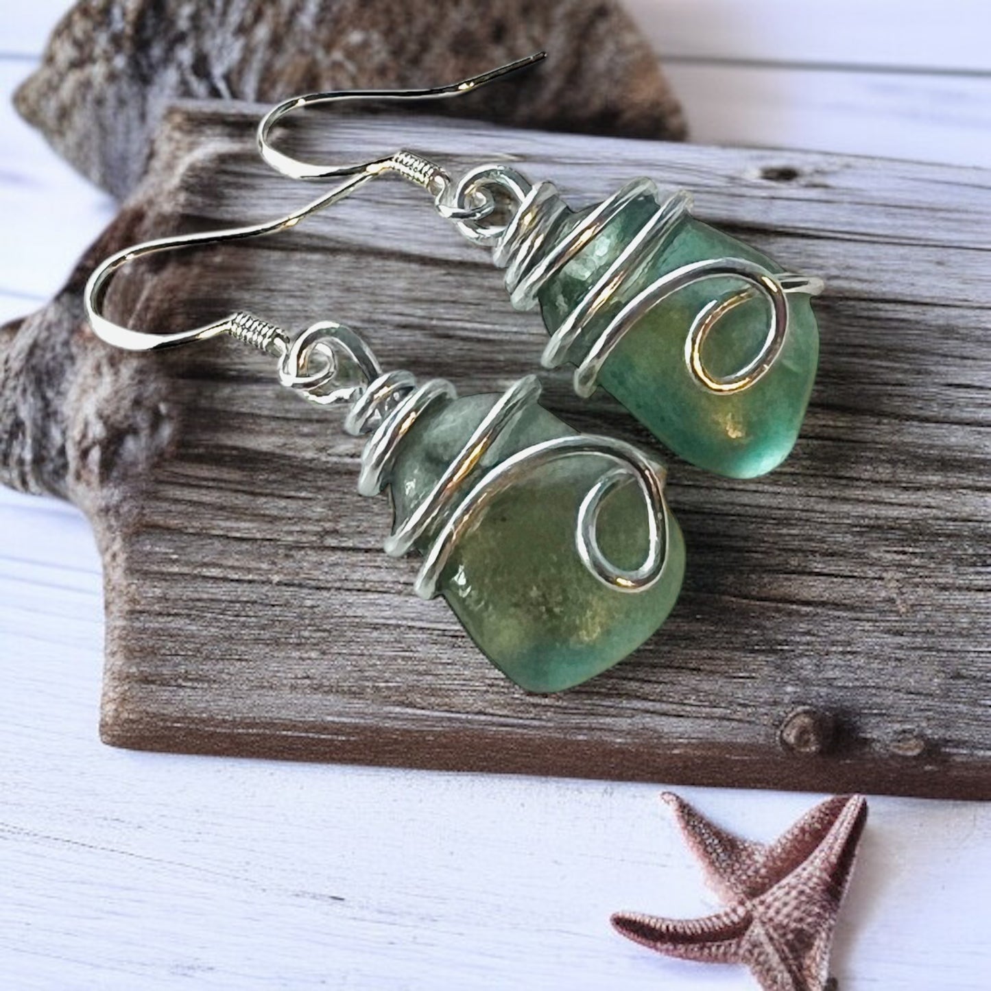 Turquoise Green Seaham Sea Glass Earrings