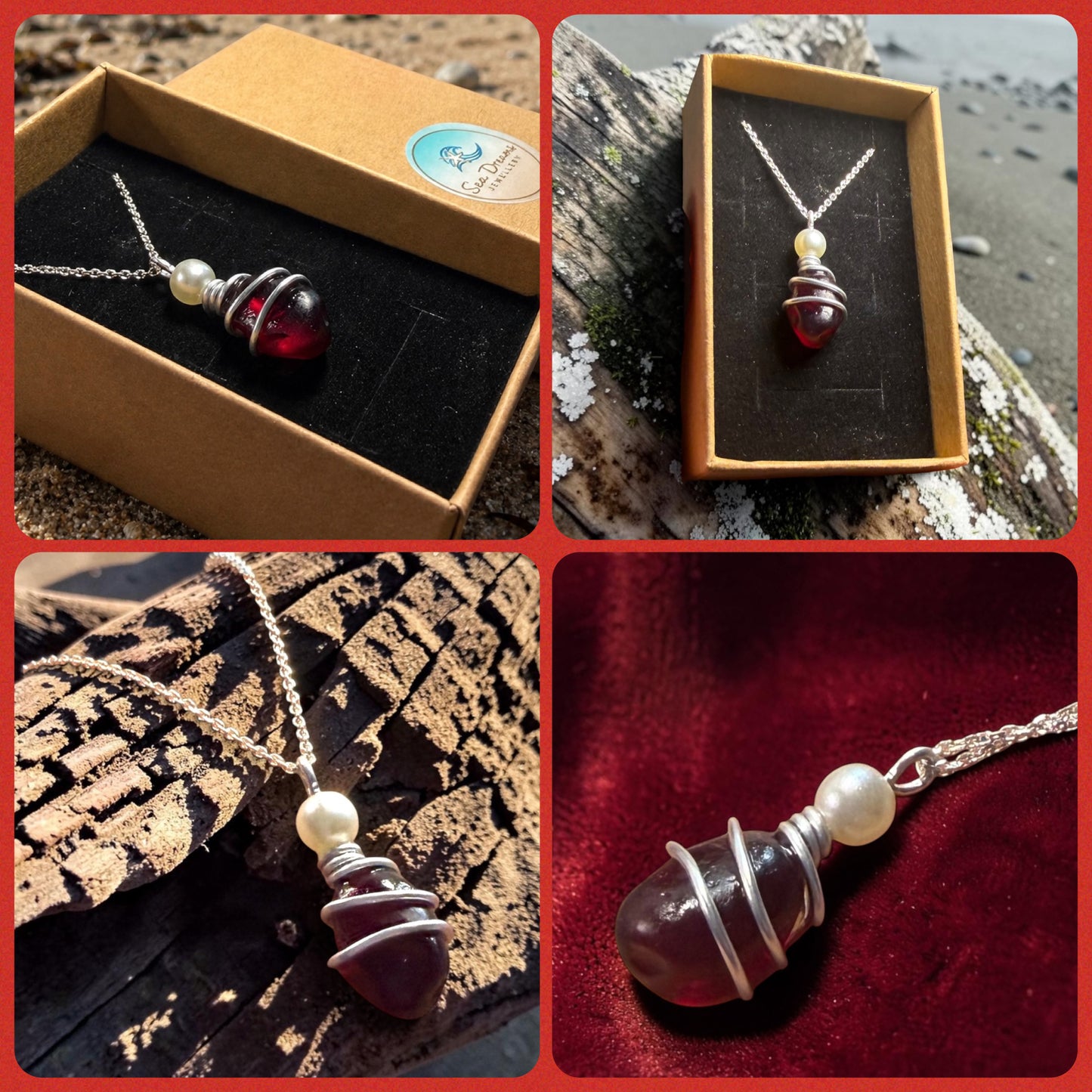 Rare Burgundy Red Seaham Sea Glass  Pendant
