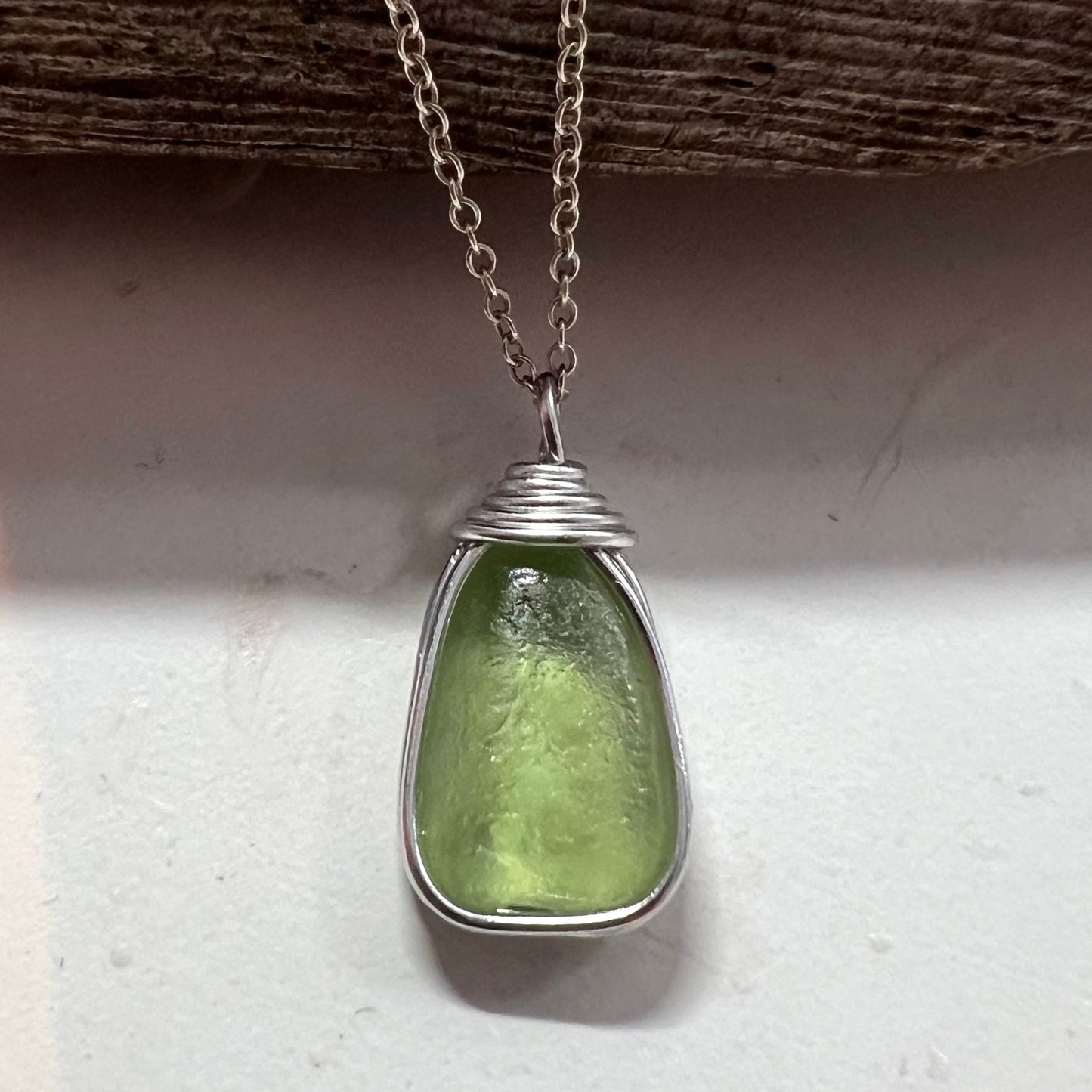 Lime Green Seaham Sea Glass and Glass Pearl Pendant