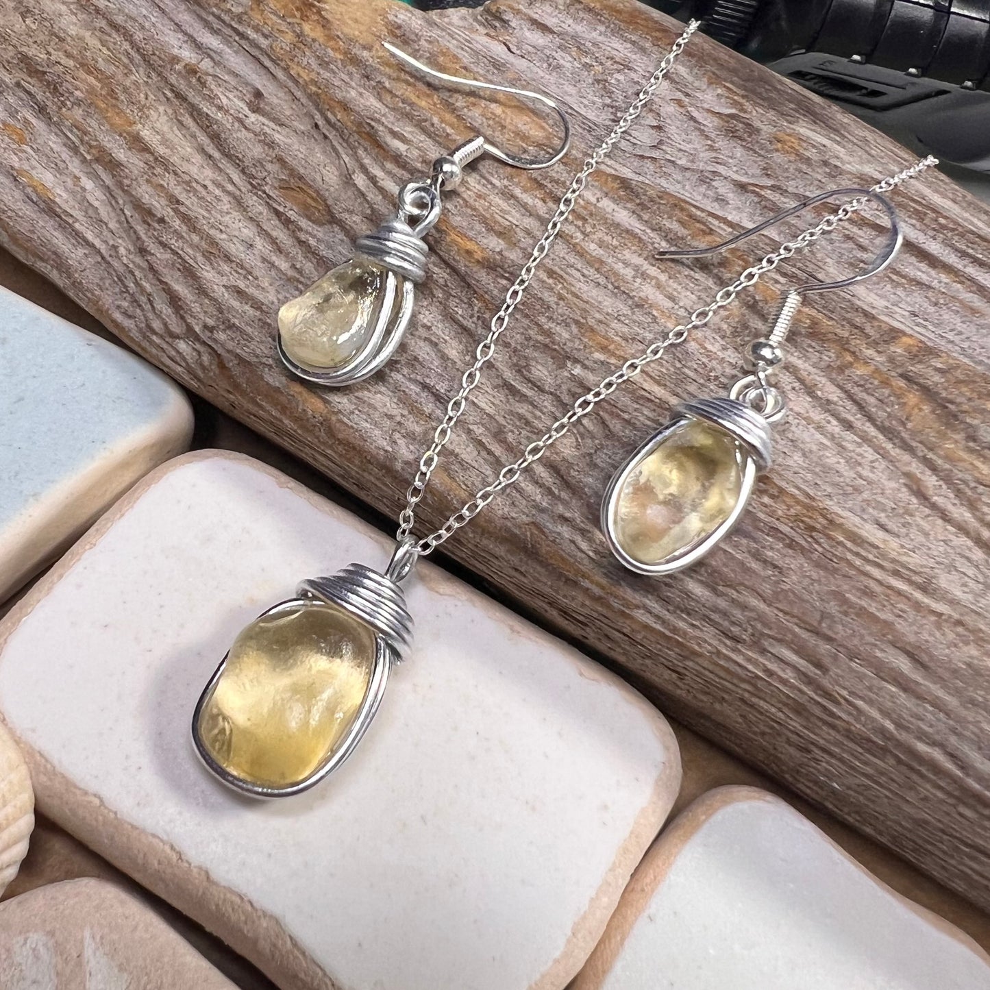 Pale Yellow Seaham Sea Glass Jewellery Set