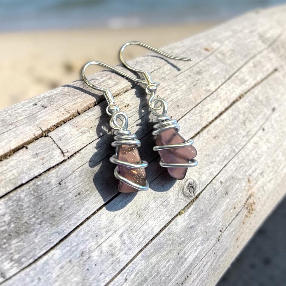 Rare Deep Pink Seaham Sea Glass Dangly Earrings
