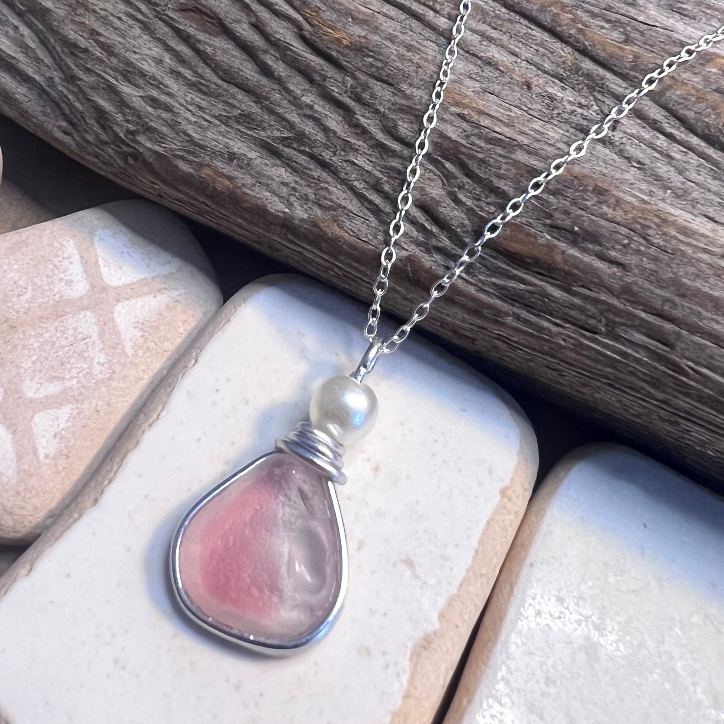 Pink & White Seaham Sea Glass Multi Pendant