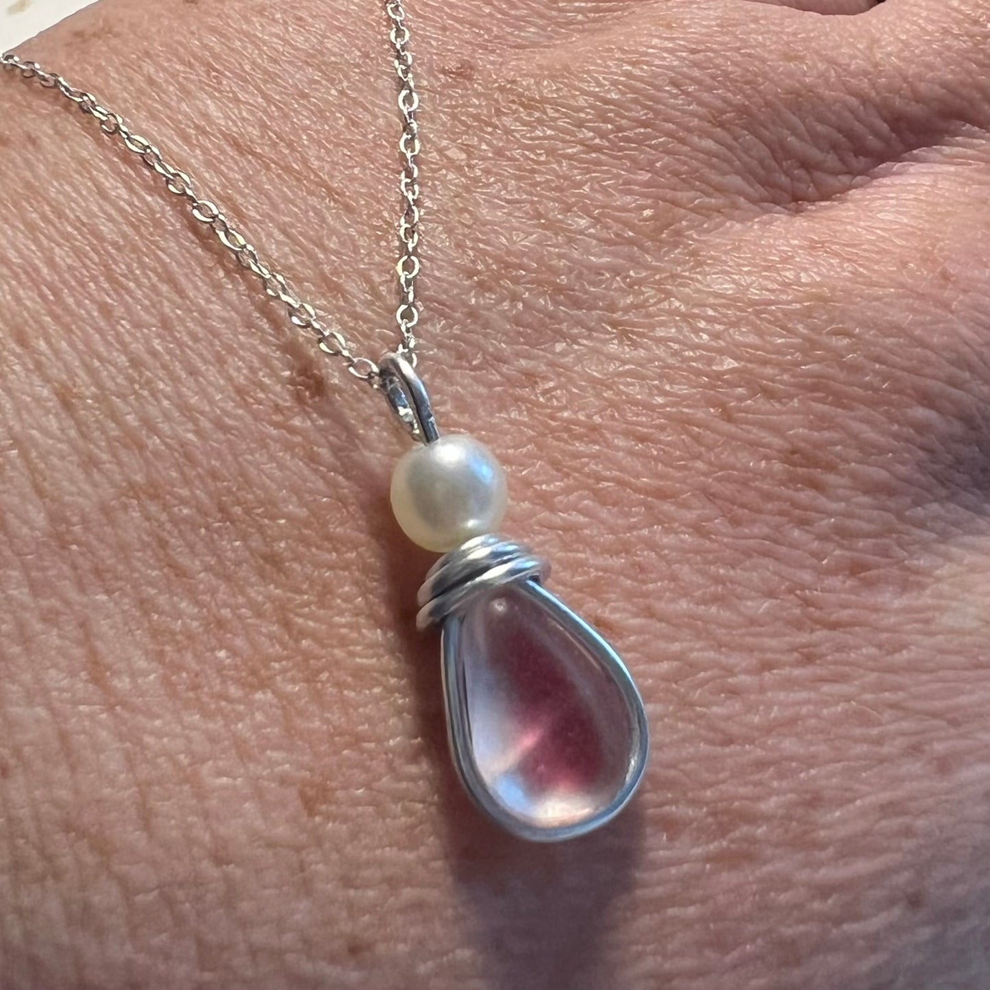 Pale Pink & White Seaham Sea Glass Multi Pendant