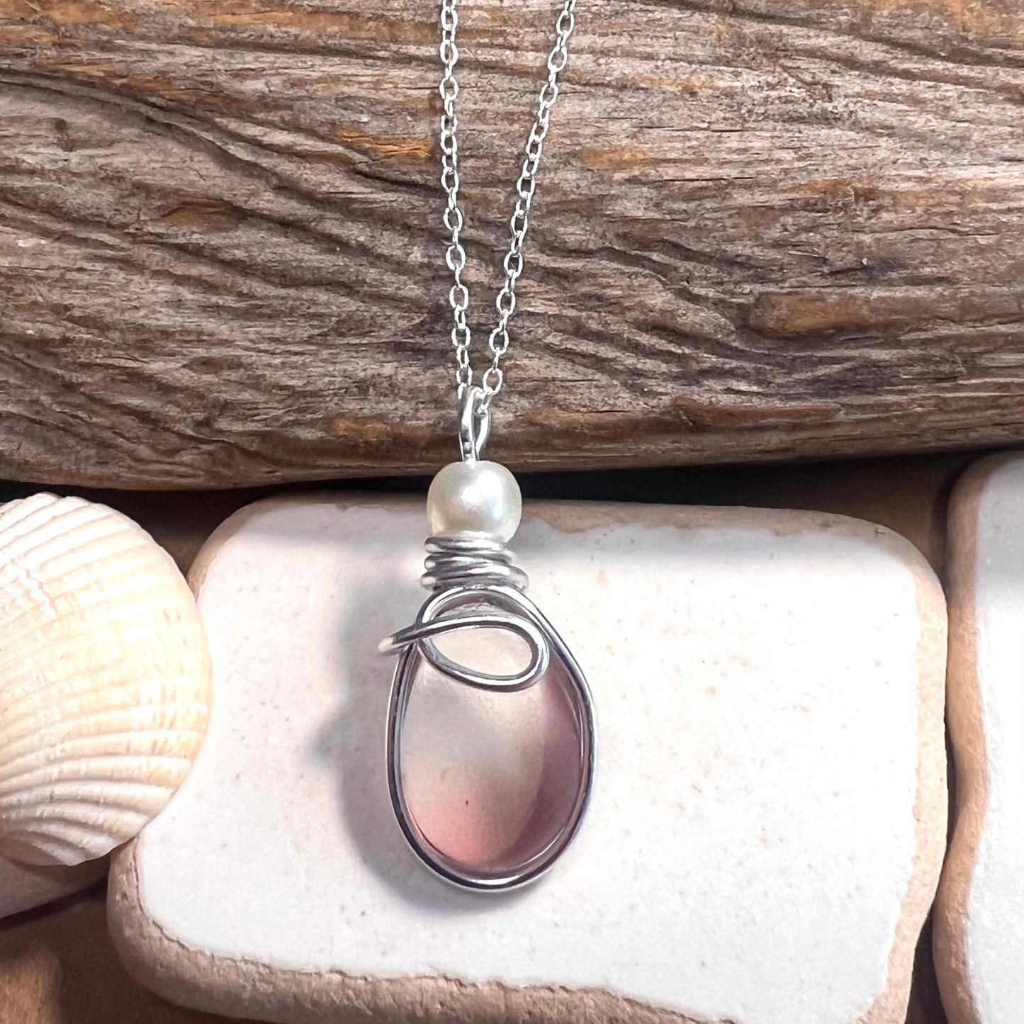 Mauve & White Seaham Sea Glass Multi Pendant
