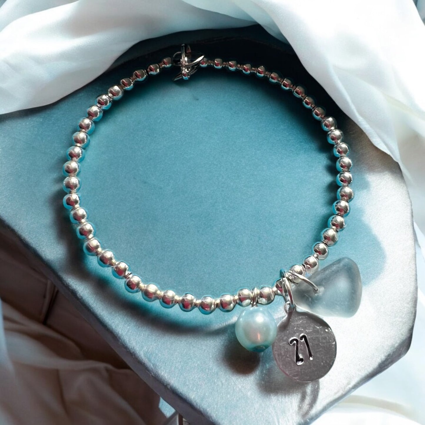 Hand Stamped Age or Date/ Initials Charm and Sea Glass Bracelet