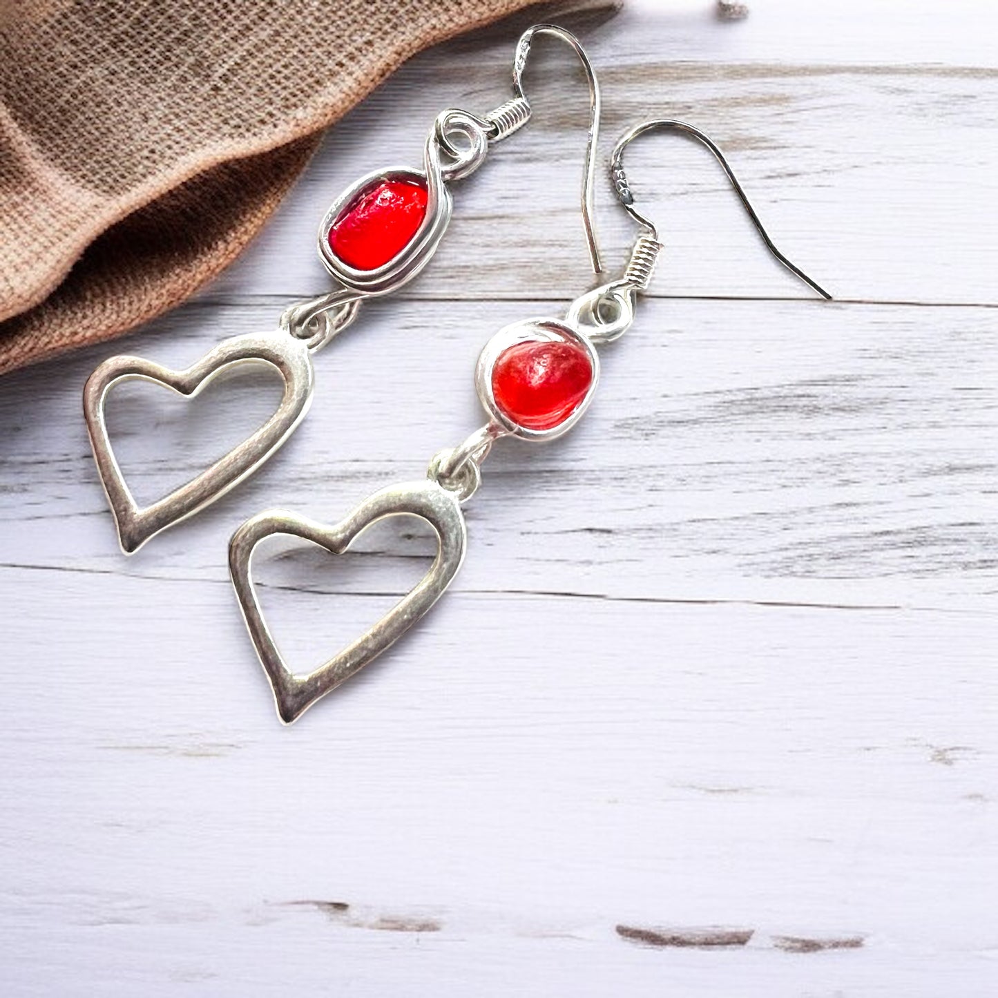 Red Sea Glass and Heart Dangly Earrings