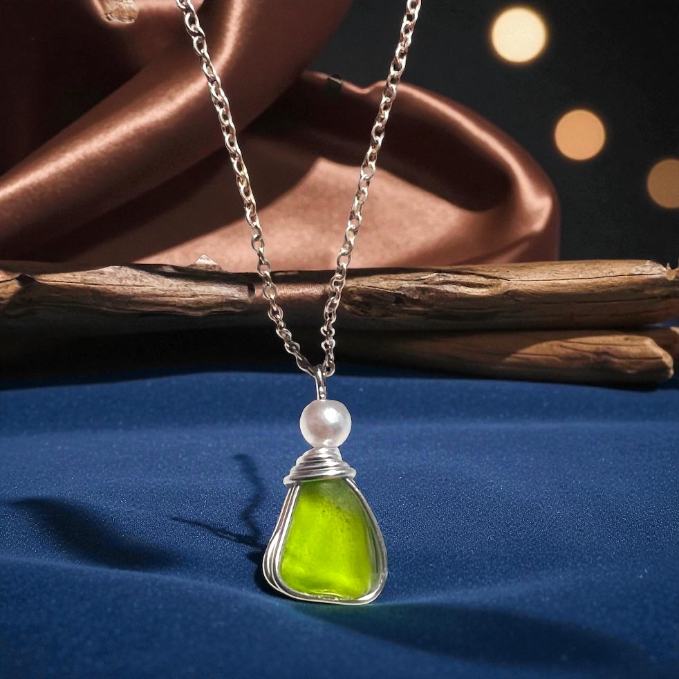 Rare Neon Bright Lime Green Seaham Sea Glass Pendant
